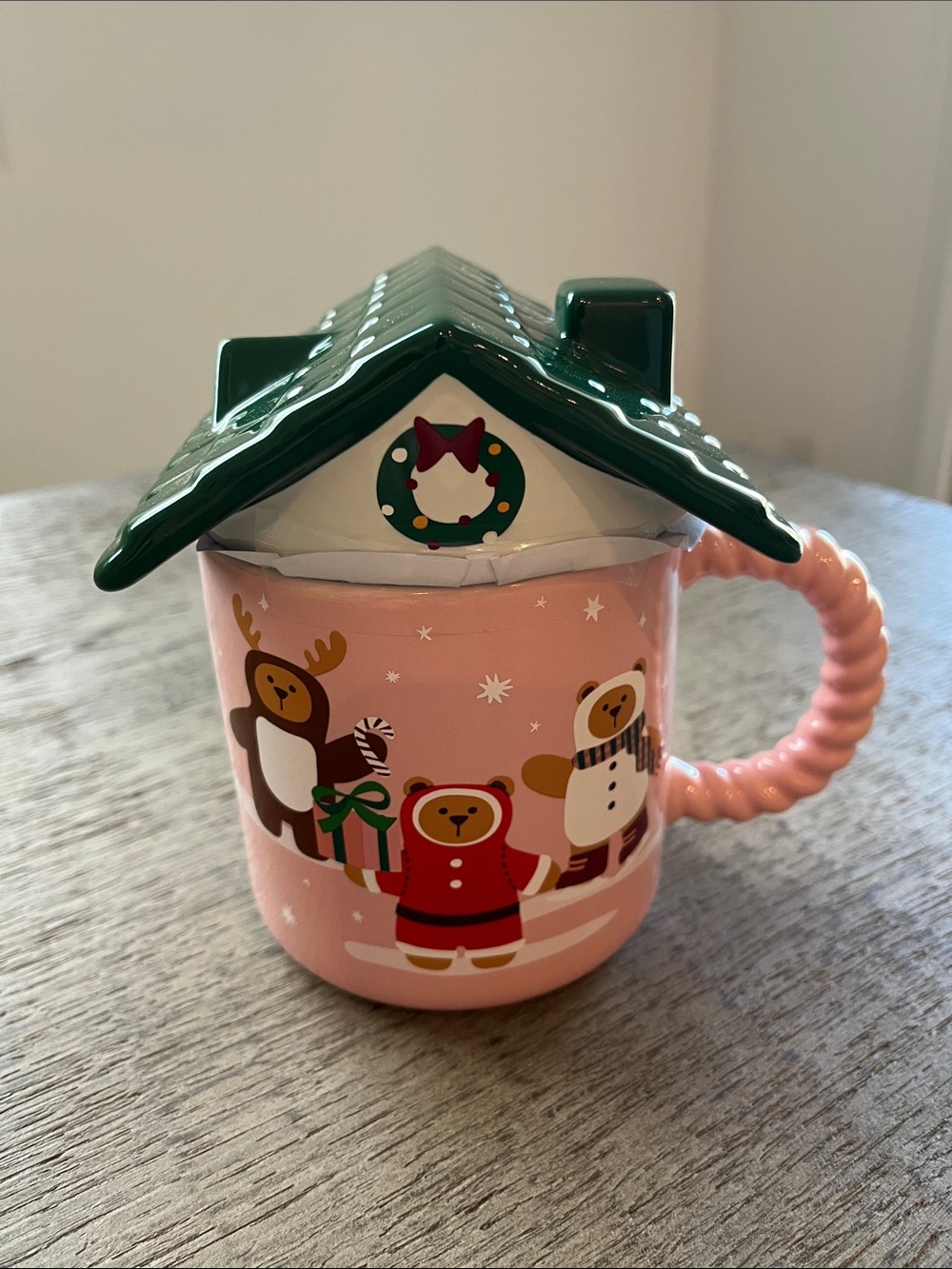 Starbucks 2025 Pink Holiday Bear Ceramic Mug with Green Roof Lid